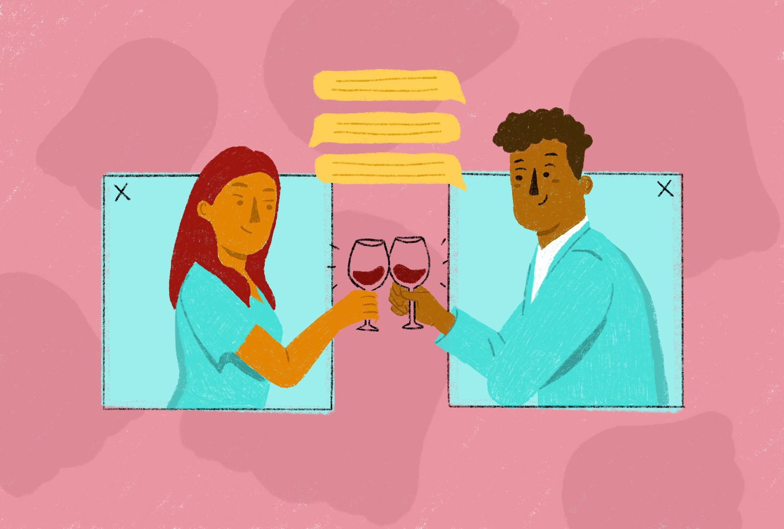 glasses of red wine between a girl and a guy for Boo Dating App artwork by Zoe Luna Silveyra