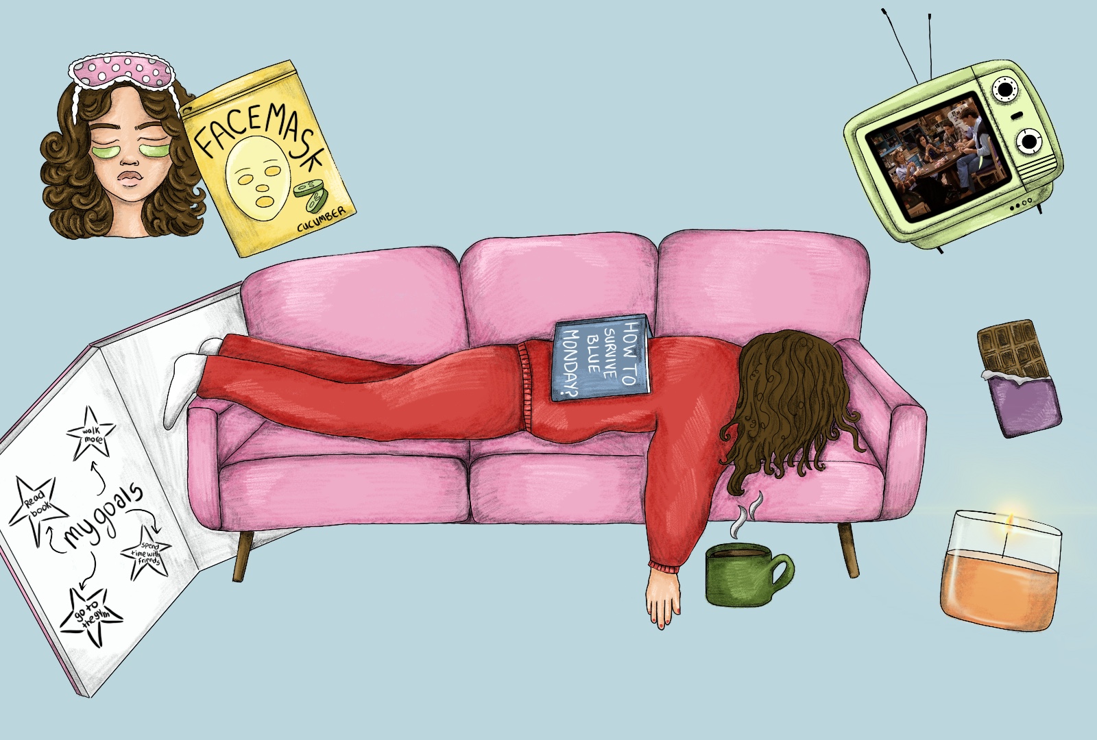 Illustration capturing Blue Monday and simple self-care rituals.