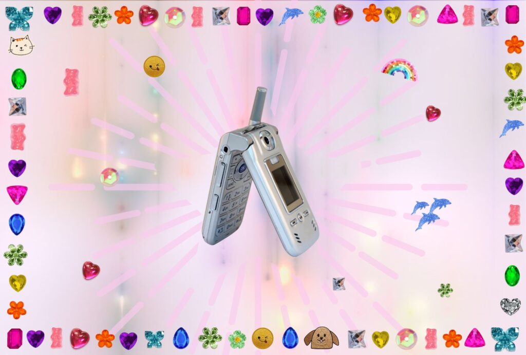 Digital collage inspired by dumbphones and their comeback in 2026.