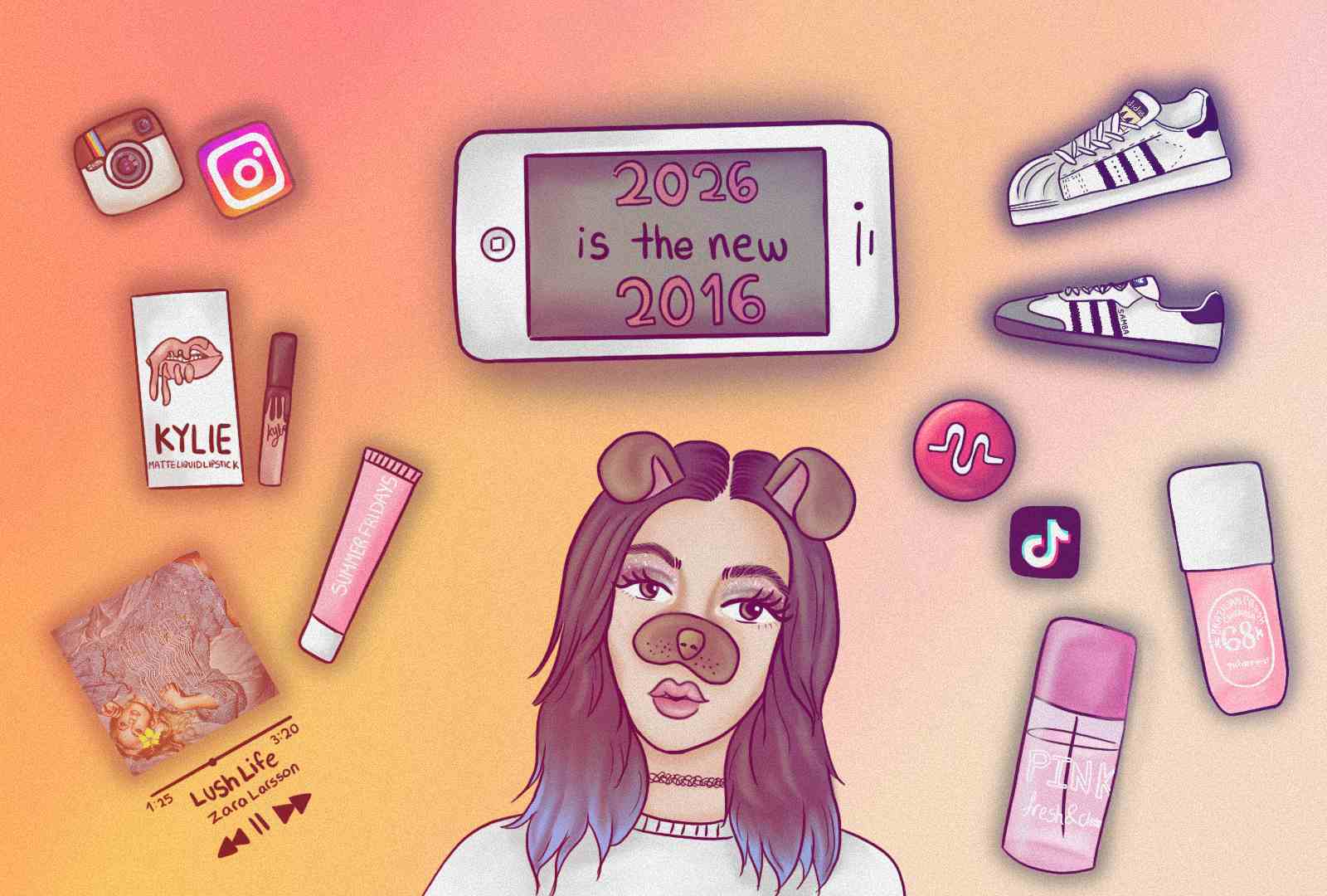 Illustration inspired by 2016 beauty trends and nostalgic makeup culture.
