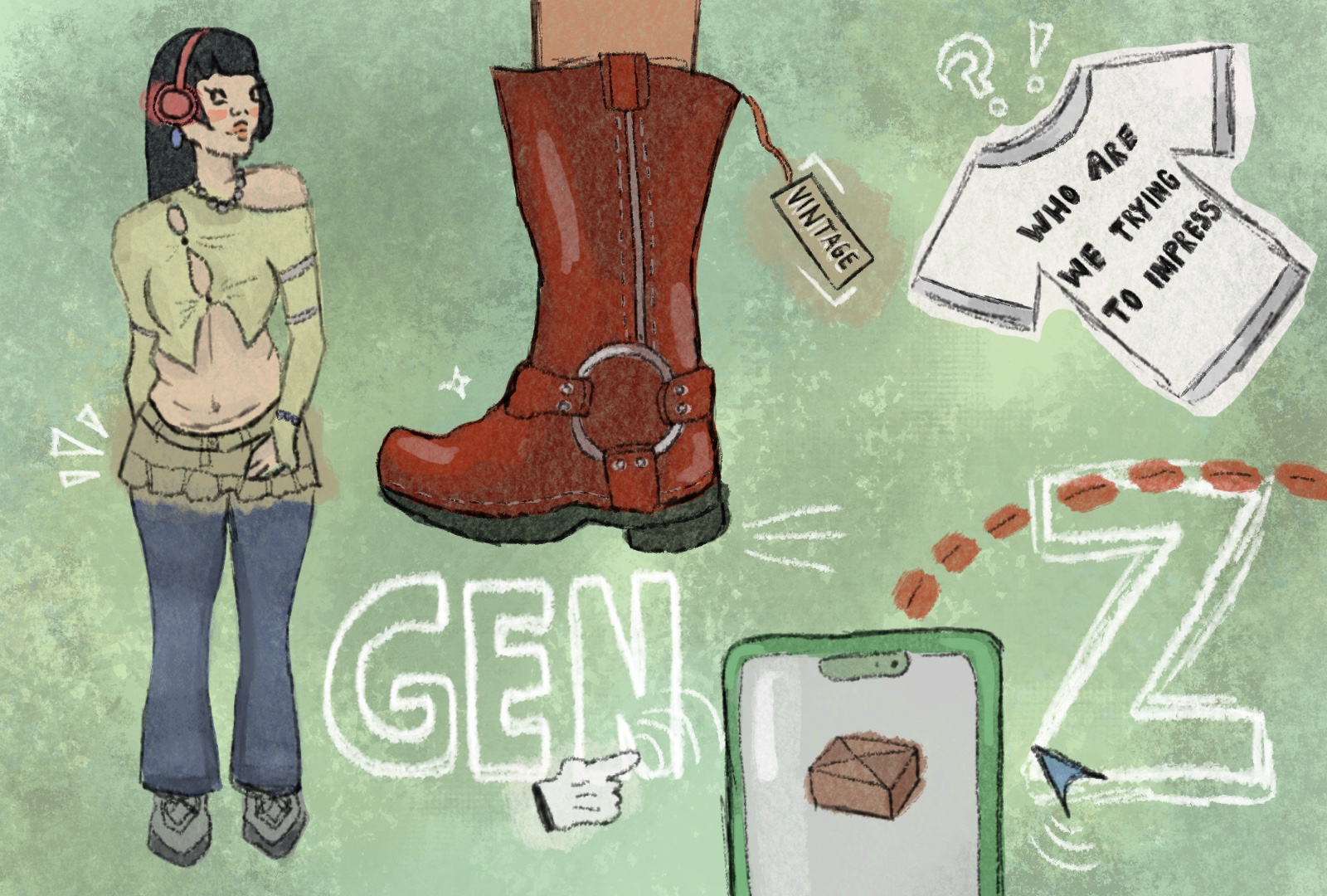 Digital drawing exploring Gen Z fashion strategies, vintage shopping and style in uncertain times.