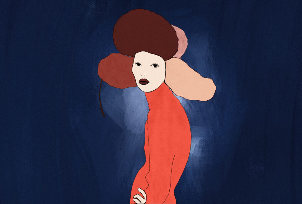 Illustration inspired by In Vogue: The 90s featuring Kate Moss in a fur hat on dark background.
