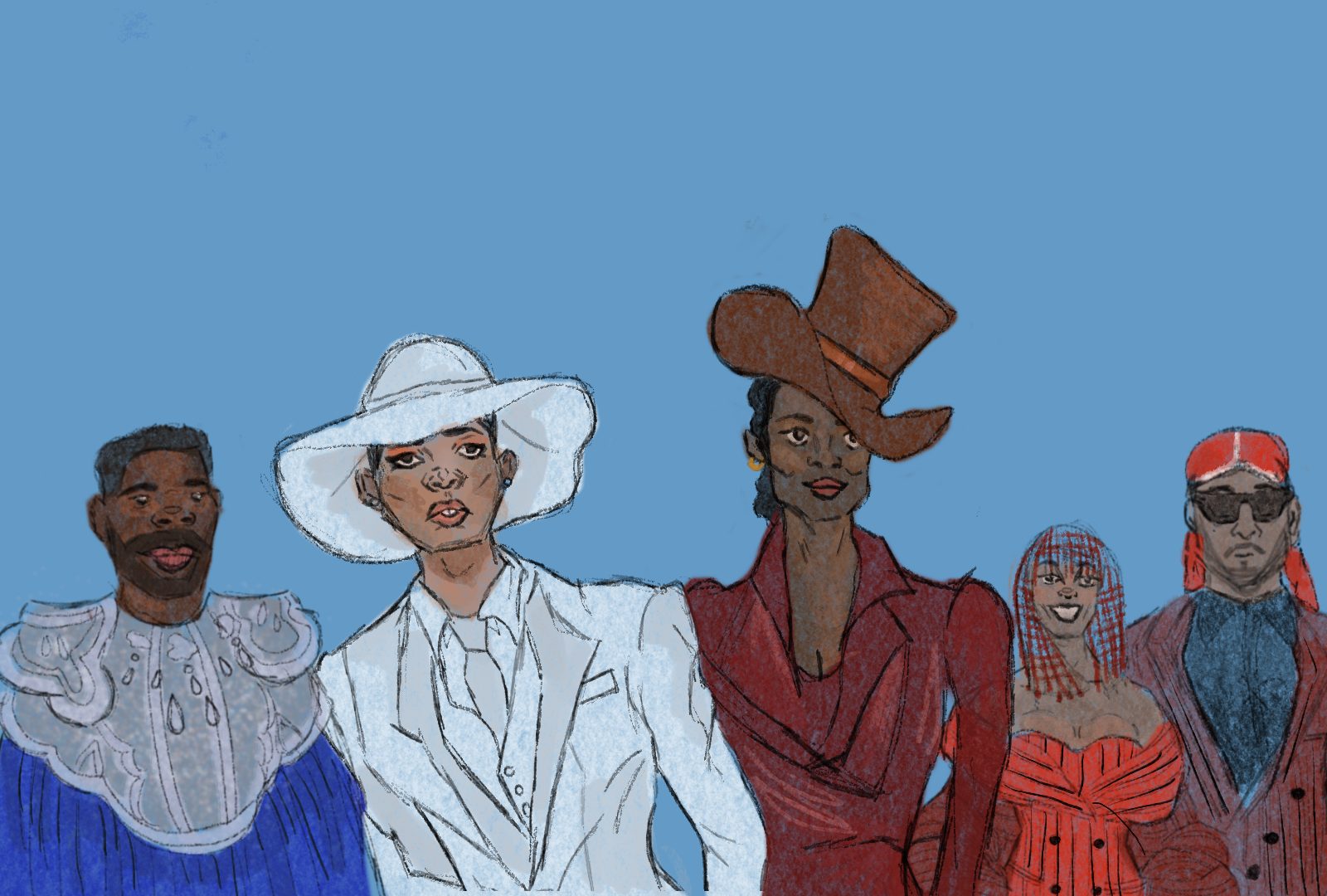 Digital illustration capturing Met Gala 2025 looks inspired by dandyism, Black style and art history.