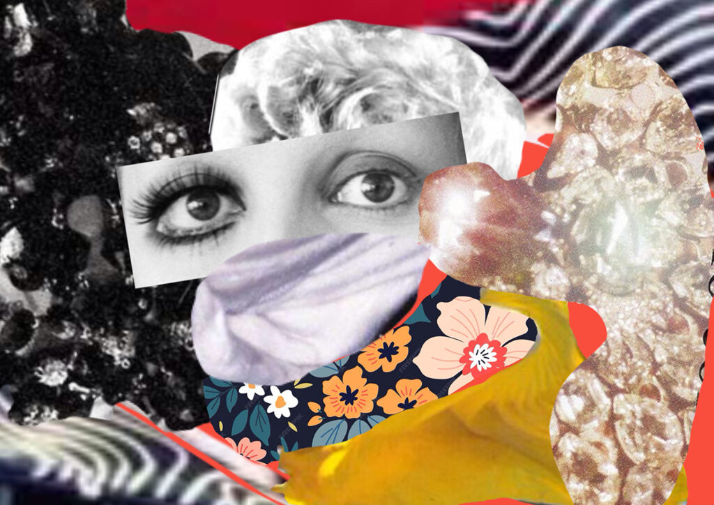 A digital collage portraying Mina as a magnetic fashion icon, exploring charisma, mystery and creative identity.