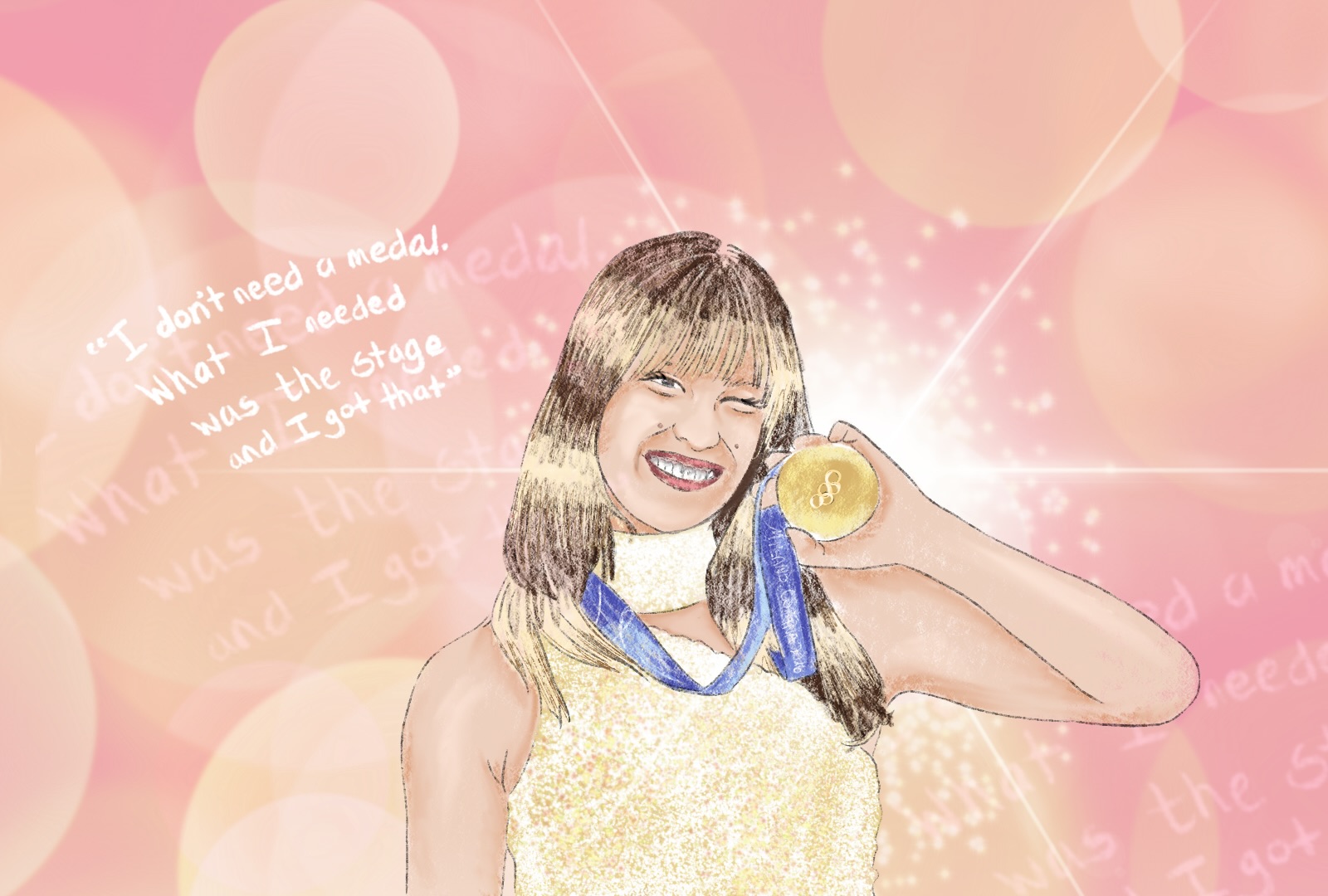 Illustrated portrait of Alysa Liu, the Olympic figure skater, capturing a moment of joy and victory as she holds her golden medal.
