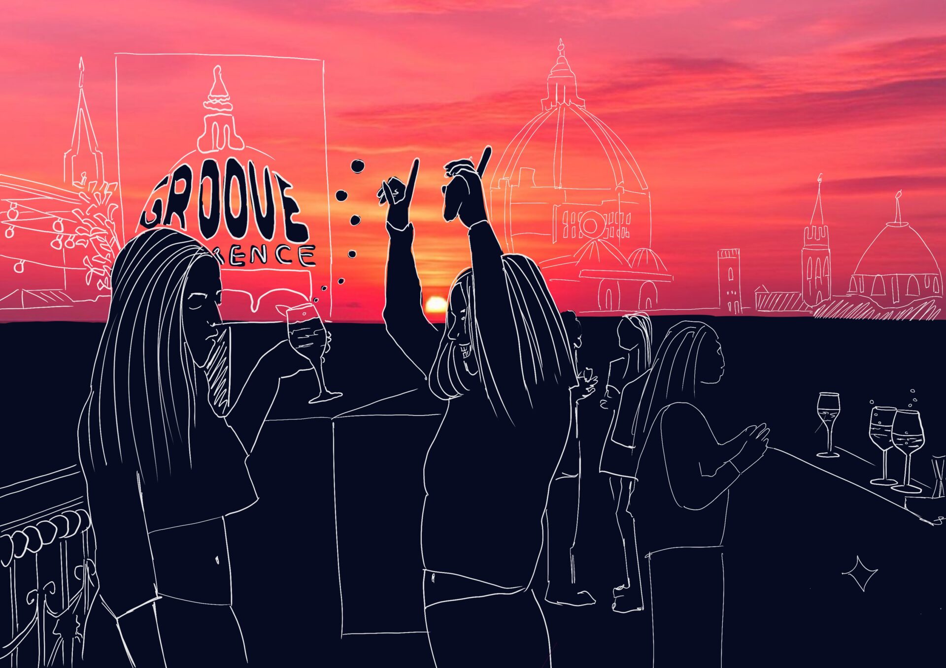 Digital artwork of young people having an aperitivo at sunset in Florence, with the Duomo and historic rooftops in the background.
