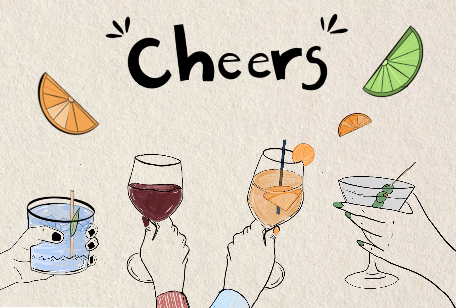 Illustration of Italian aperitivo cocktails, wine and Spritz glasses with a “Cheers” message celebrating drink culture and social moments.