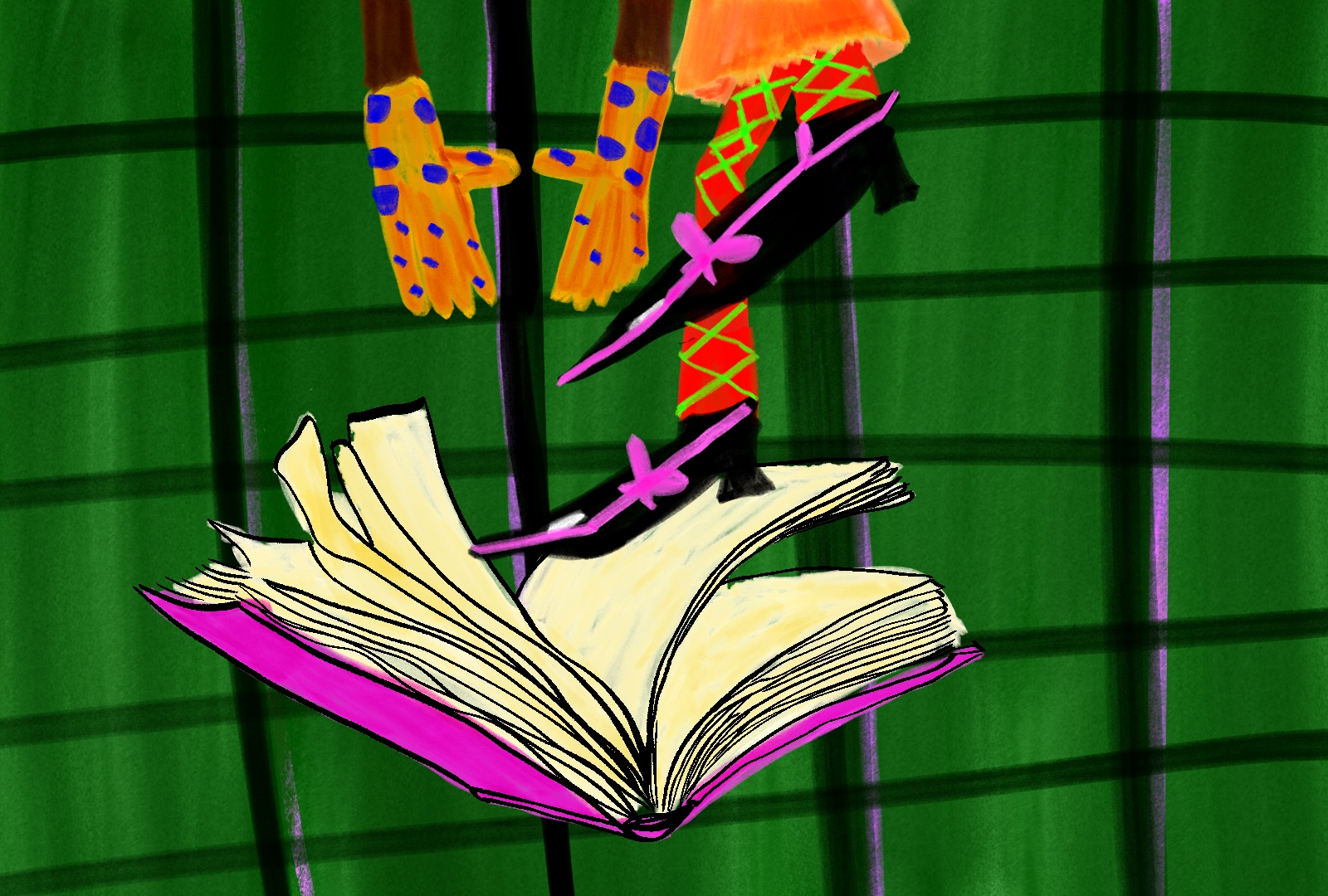 Digital artwork inspired by fashion books, featuring a figure emerging from an open book with colorful fashion accessories and playful details.