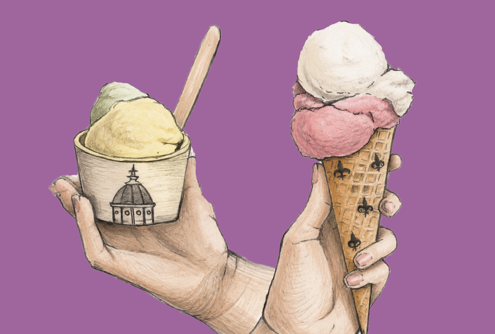 Artwork inspired by Italian artisan gelato culture, featuring a classic cone and gelato cup decorated with the symbol of Florence.