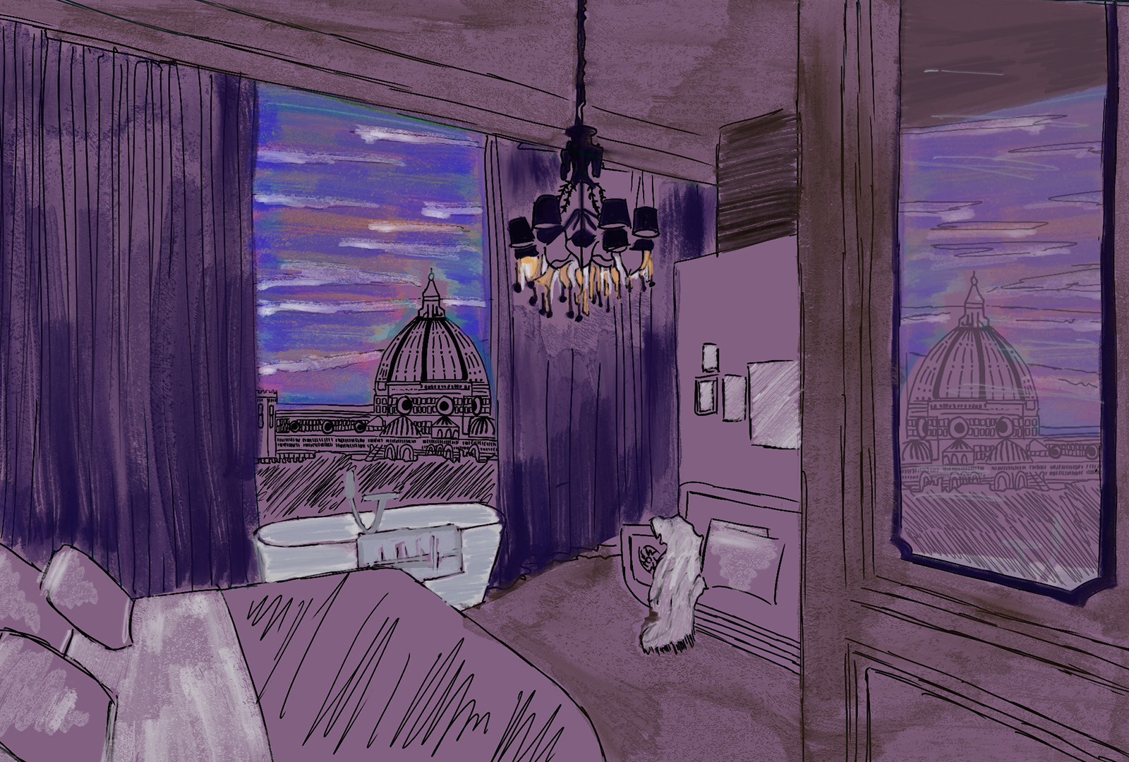 Digital artwork of a luxury boutique hotel room in Florence with a purple interior, inspired by contemporary hospitality and Italian design.