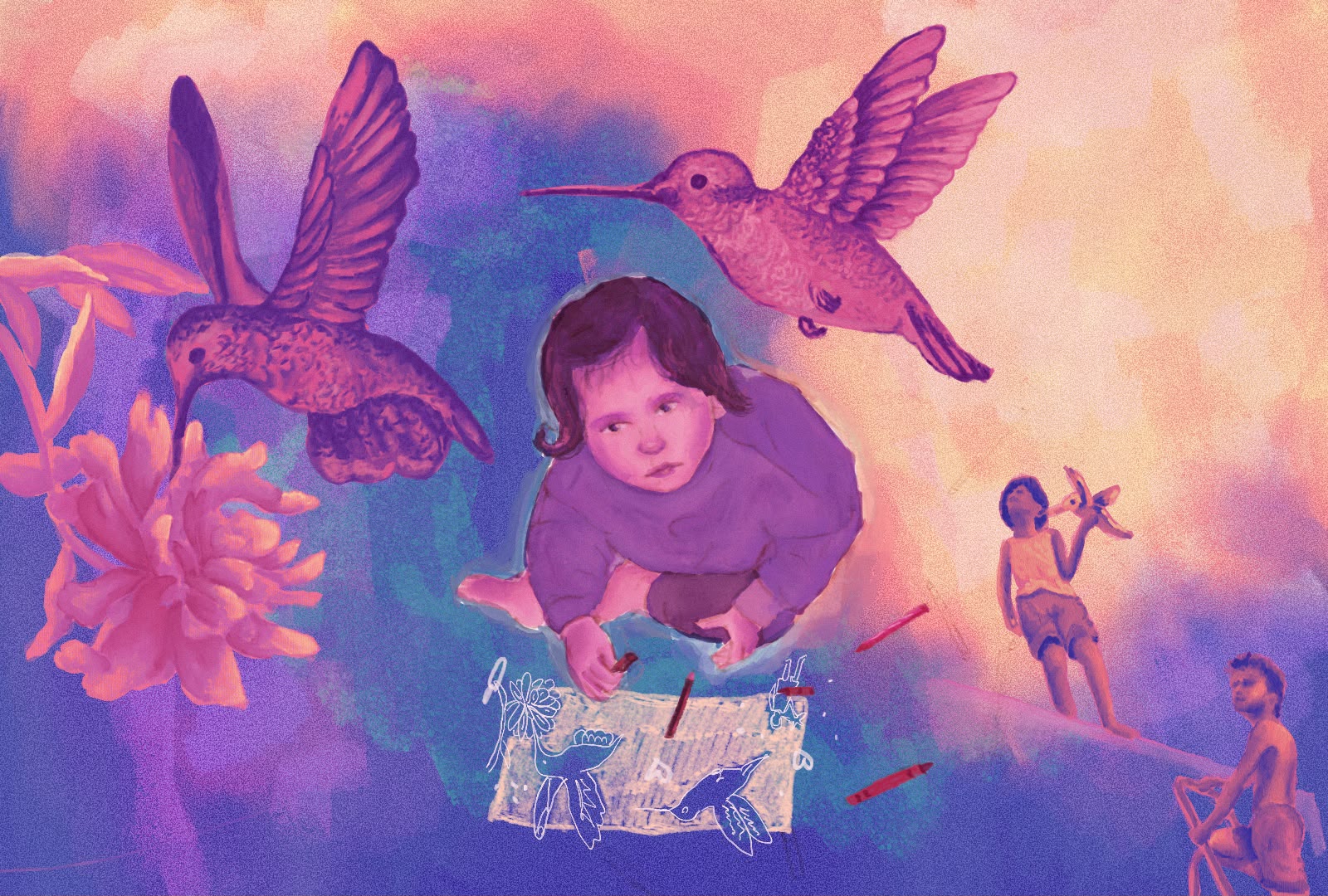 Illustration inspired by the art of drawing, featuring a child surrounded by woodcocks, whose unique “painter’s feather” has long been associated with creativity and artistic expression.
